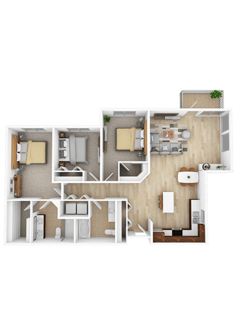A floor plan of a house with two bedrooms, a living room, a kitchen, and a bathroom.